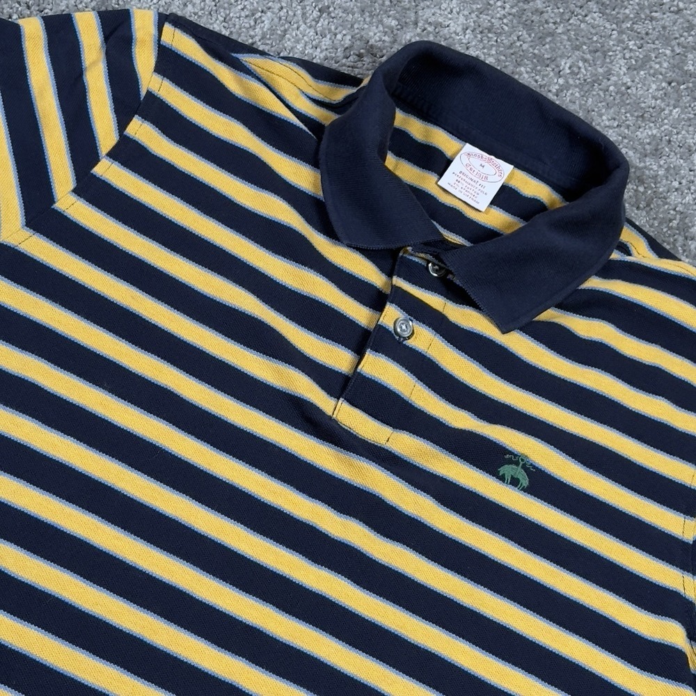 Brooks Brothers Original Polo Shirt Men's Medium S/S Yellow‎ + Navy Blue Stripes